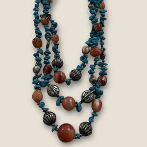 Vintage Triple Strand Faux Turquoise & Agate Beaded Necklace 22 Inches